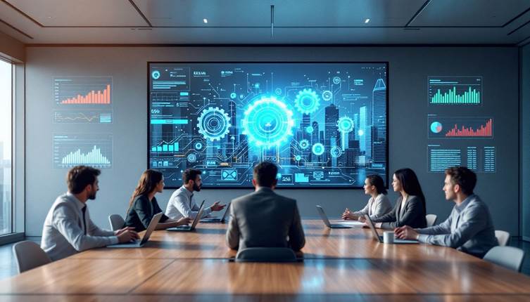 Business professionals analyzing data in a meeting room with digital analytics